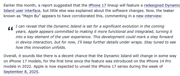 蘋果iPhone 17的靈動島或進行重大升級 最快9月初發布